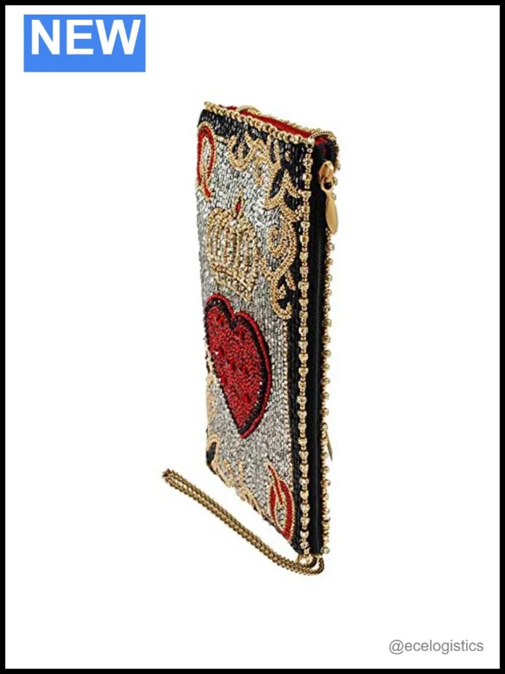 Hand-Beaded Queen of Hearts Crossbody Cell Phone Bag with Chain Strap